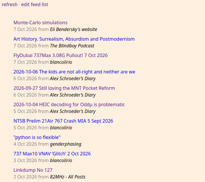 Screenshot of the feed reader - just a list of links with dates and which feed the item came from Screenshot of the feed reader - just a list of links with dates and which feed the item came from